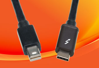 A Mini DisplayPort cable and a Thunderbolt cable on an orange abstract background